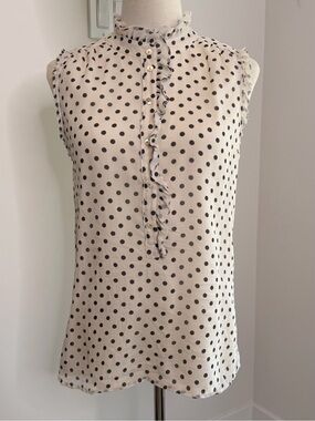 🩵2 for 30-J. Crew Ivory Sleeveless Polka Dot Blouse with Ruffle Front